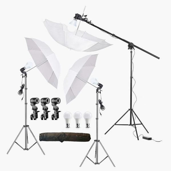 HIFFIN® E27 3 Point Studio Single Holder KIT Umbrella White + Studio Light Stand 9 FT+ Umbrella and Bulb Holder KIT Mark III | 3 Single Holder | 3 Light Stand 9ft | 3 Umbrella | 3 20 WT LED Bulb