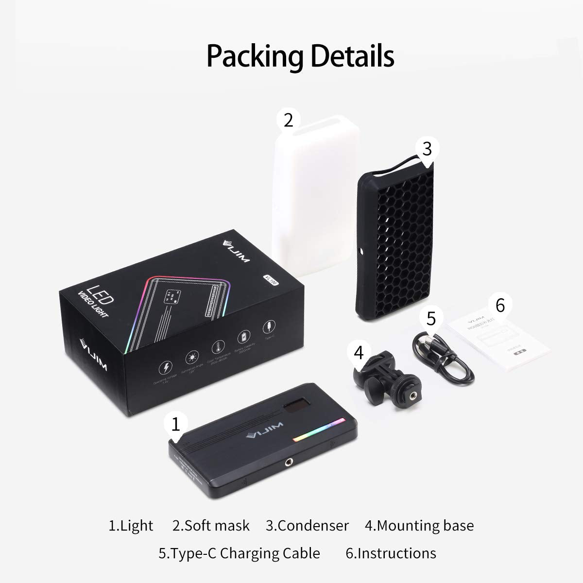 VIJIM VL196 RGB Light 2500K-9000K, 20 Modes, Soft Board & Honeycomb Frame
