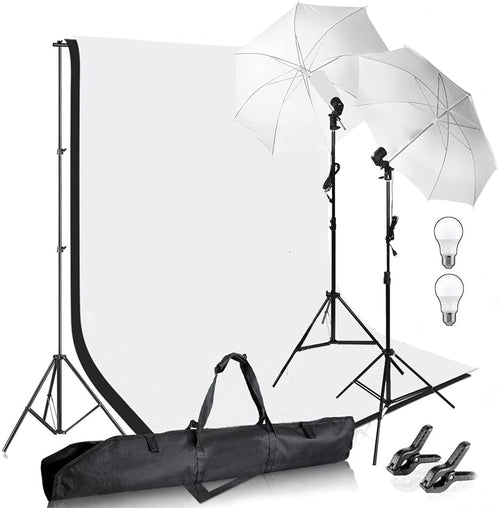 HIFFIN®Photography Photo Video Studio Background Stand Support Kit with Muslin Backdrop Kits (White Black),Daylight Umbrella Lighting Kit(E27 Single...