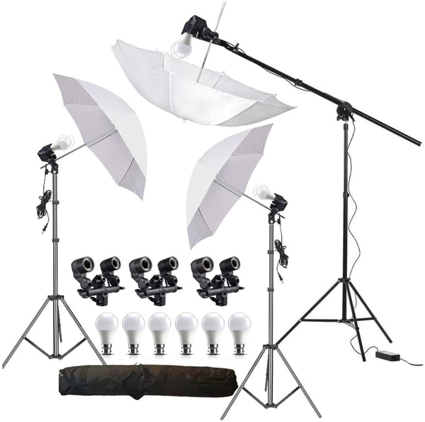 HIFFIN® E27 3 Point Studio Double Holder Kit Umbrella White + Studio Light Stand 9 FT Bulb Holder KIT Mark III | 3 Double Holder | 3 Light Stand 9ft | 3 Umbrella | 6 20 W LED Bulb | 1 Boom
