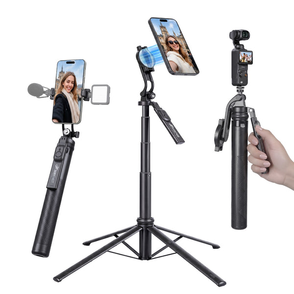 H22 Selfie Stick Magnetic Tripod, 71in Quadrapod, Remote, 360° Rotation, Detachable Mount