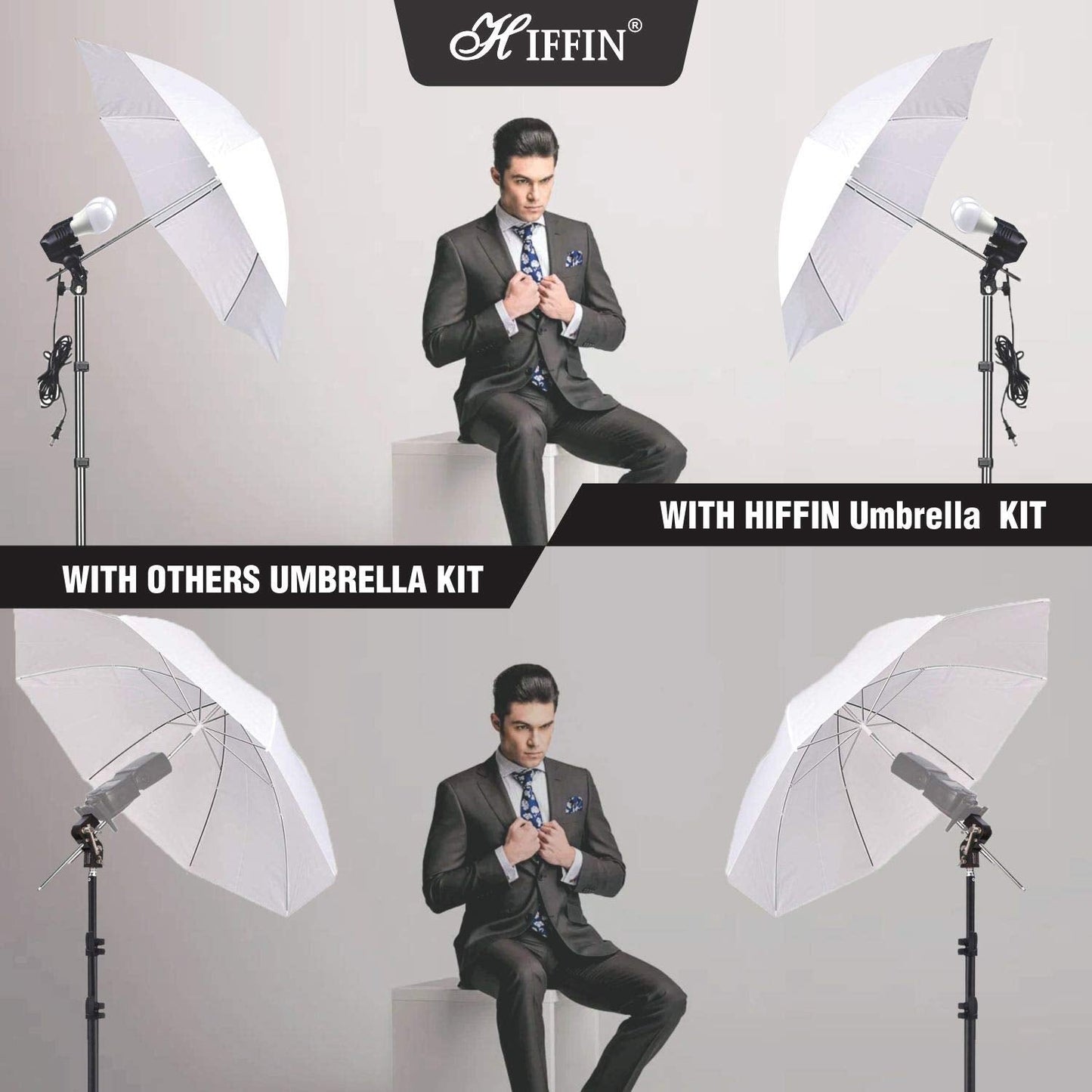 HIFFIN E27 STUDIO DOUBLE HOLDER KIT UMBRELLA WHITE + STUDIO LIGHT STAND 2.7432M (9 FT)+ UMBRELLA AND BULB HOLDER KIT SET OF 1 (1 SINGLE HOLDER,1 LIGHT STAND 9FT,1 UMBRELLA, 1 18 WT LED BLUB)