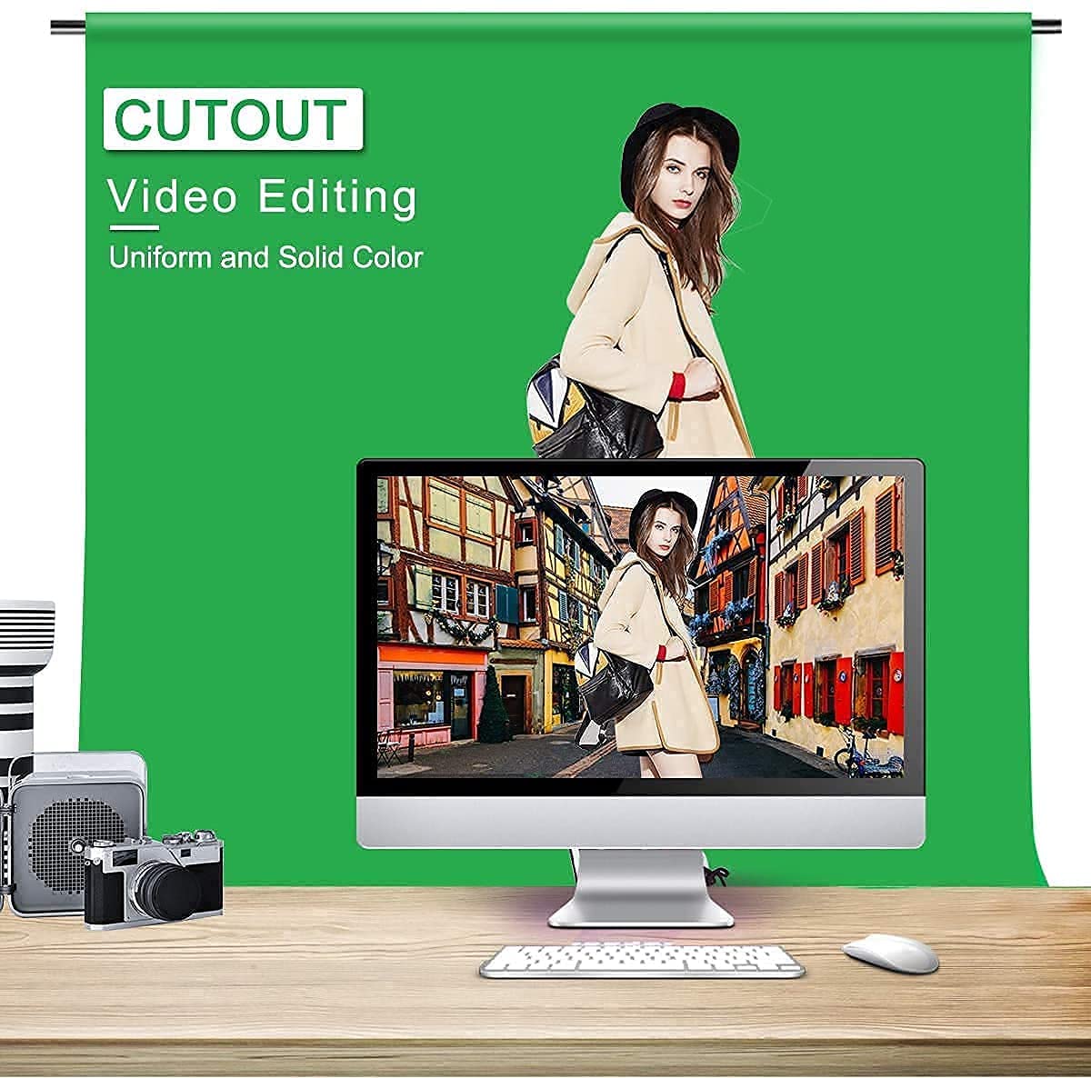 HIFFIN® 8x12 ft White|Green Screen, Photography Backdrop Background with 2 Clip, Chromakey Panel for Photo Backdrop Video Studio, Muslin Background Screen