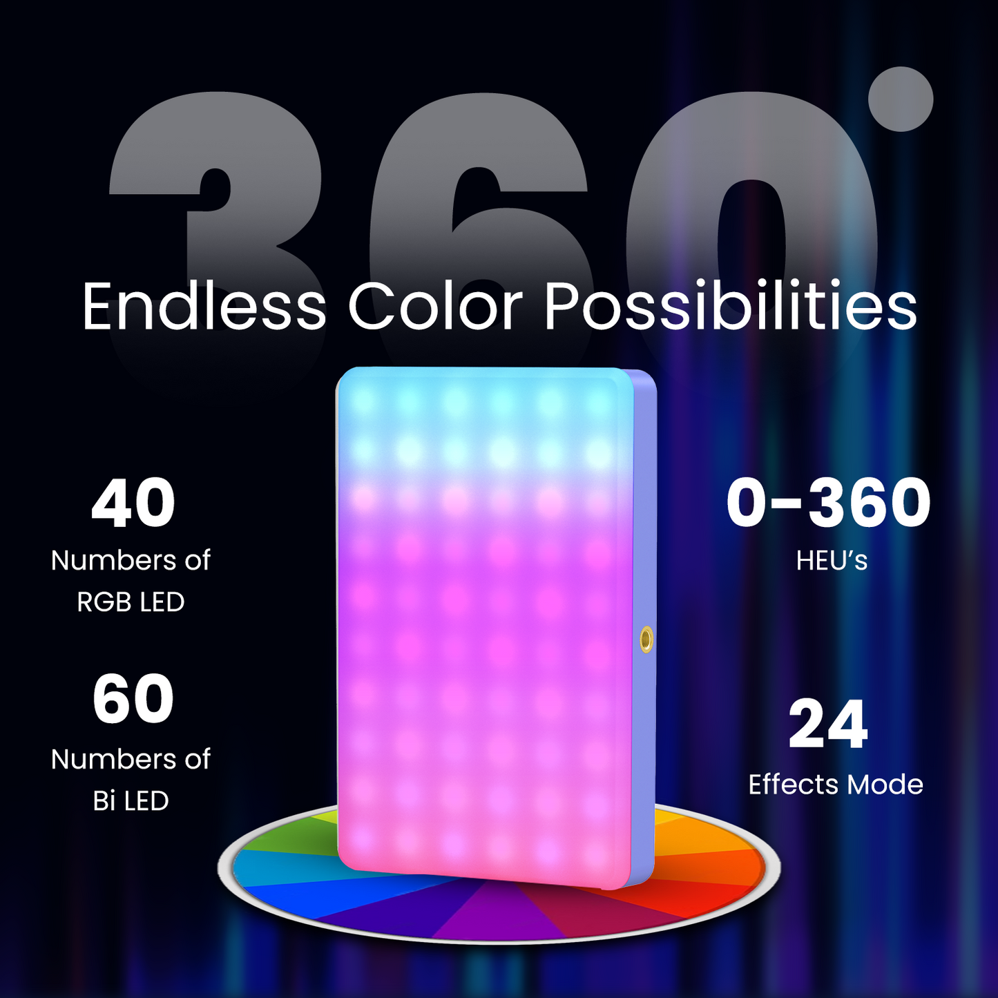 LT 002 RGB Selfie Light, Clip, 24 Modes, CRI 95+, 3000mAh Battery