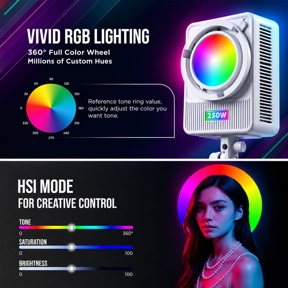 HF-250W RGB Wonder Series 250W LED Video Light, 2700K-6500K, App Control
