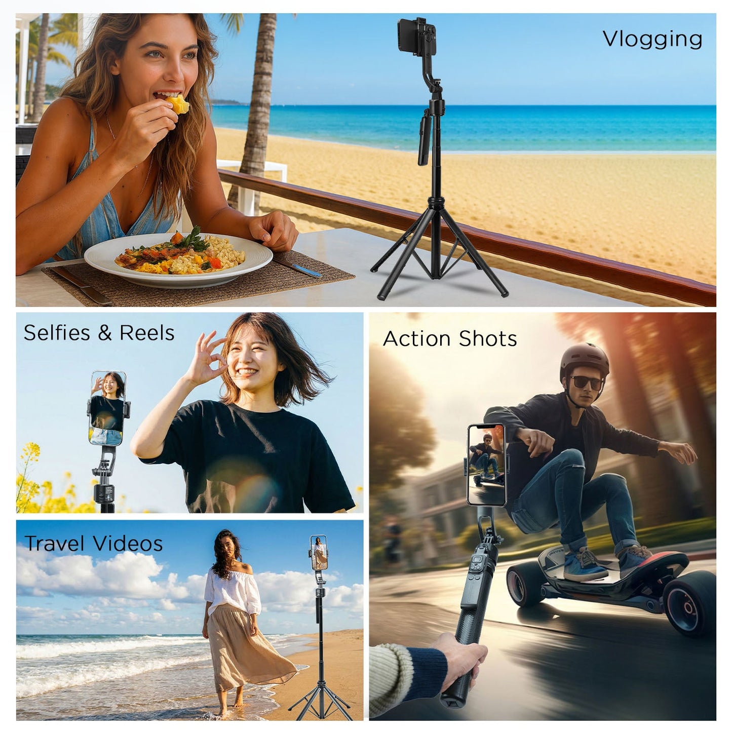 H8 Smart AI 360° Face-Tracking Selfie Stick Tripod, 63in/160cm Quad-Leg Stand