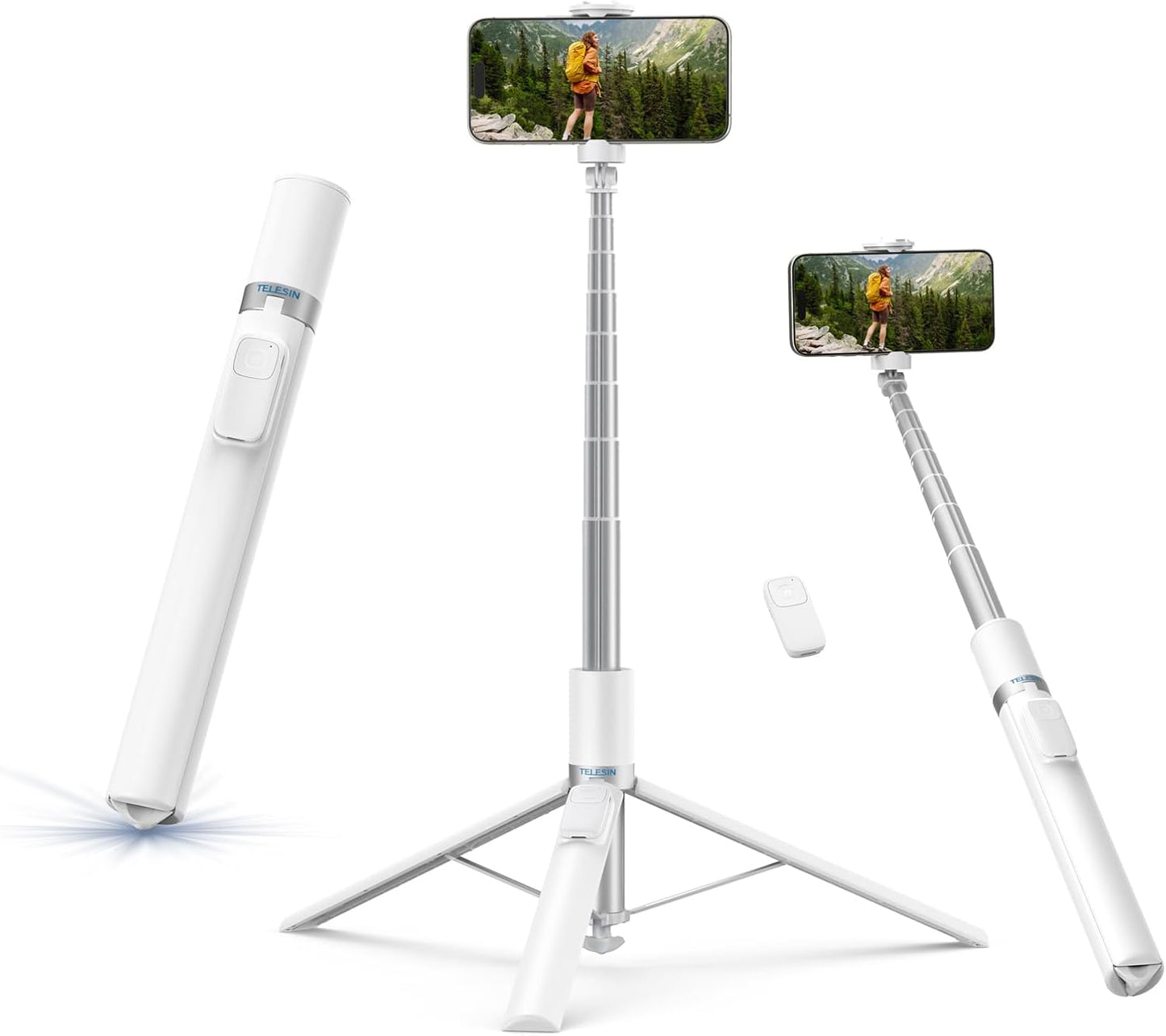 TELESIN 70" Phone Tripod Stand, Auto-Open Selfie Stick, Magnetic Remote, 360° Adjustable