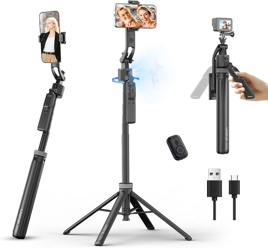 ULANZI TT23 64" Auto Face Tracking Tripod, 360° Selfie Stick w/ Remote for iPhone/Android