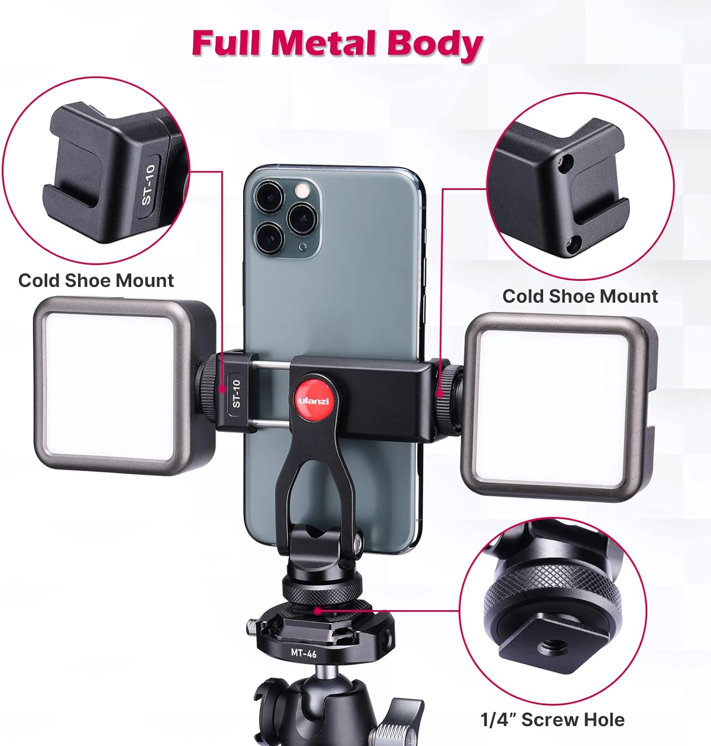 ULANZI ST-10 Metal Phone Tripod Mount, 360° Universal Clamp, 2 Cold Shoes