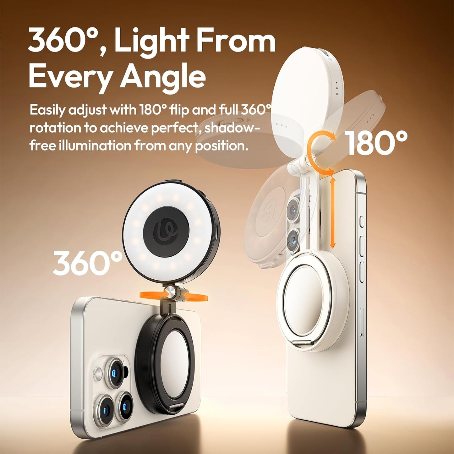 ULANZI LM23 Magnetic 360° Selfie Ring Light w/Mirror for iPhone MagSafe Black