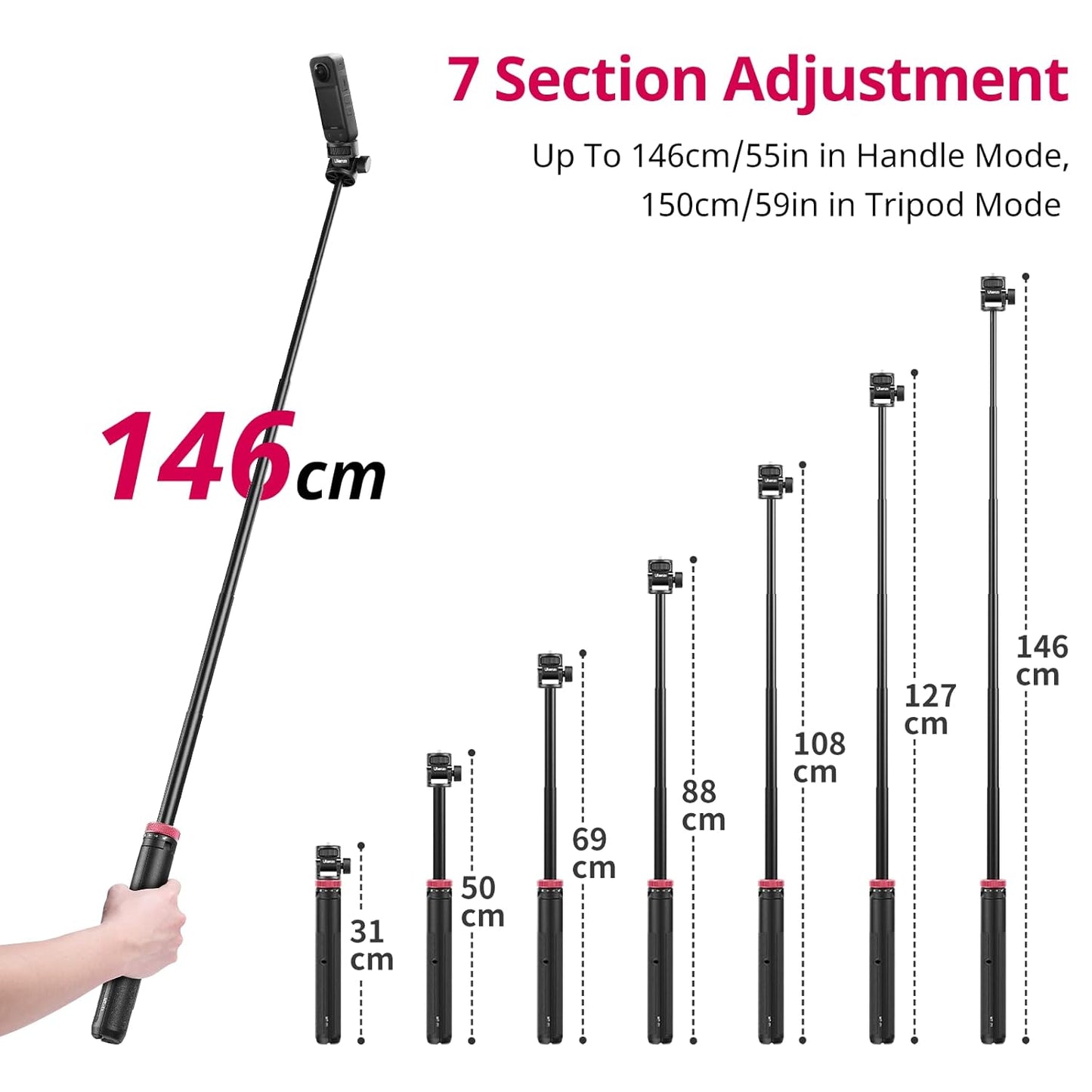 ULANZI MT-71 59in Tripod Selfie Stick, Magnetic QR, 1/4'' Screw for DJI Pocket 3