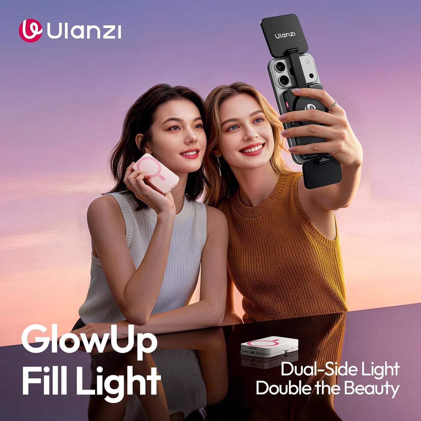 Ulanzi GL01 Magnetic Selfie Light Dual LED 2700-6500K Type-C Rechargeable MagSafe iPhone Pink/Black