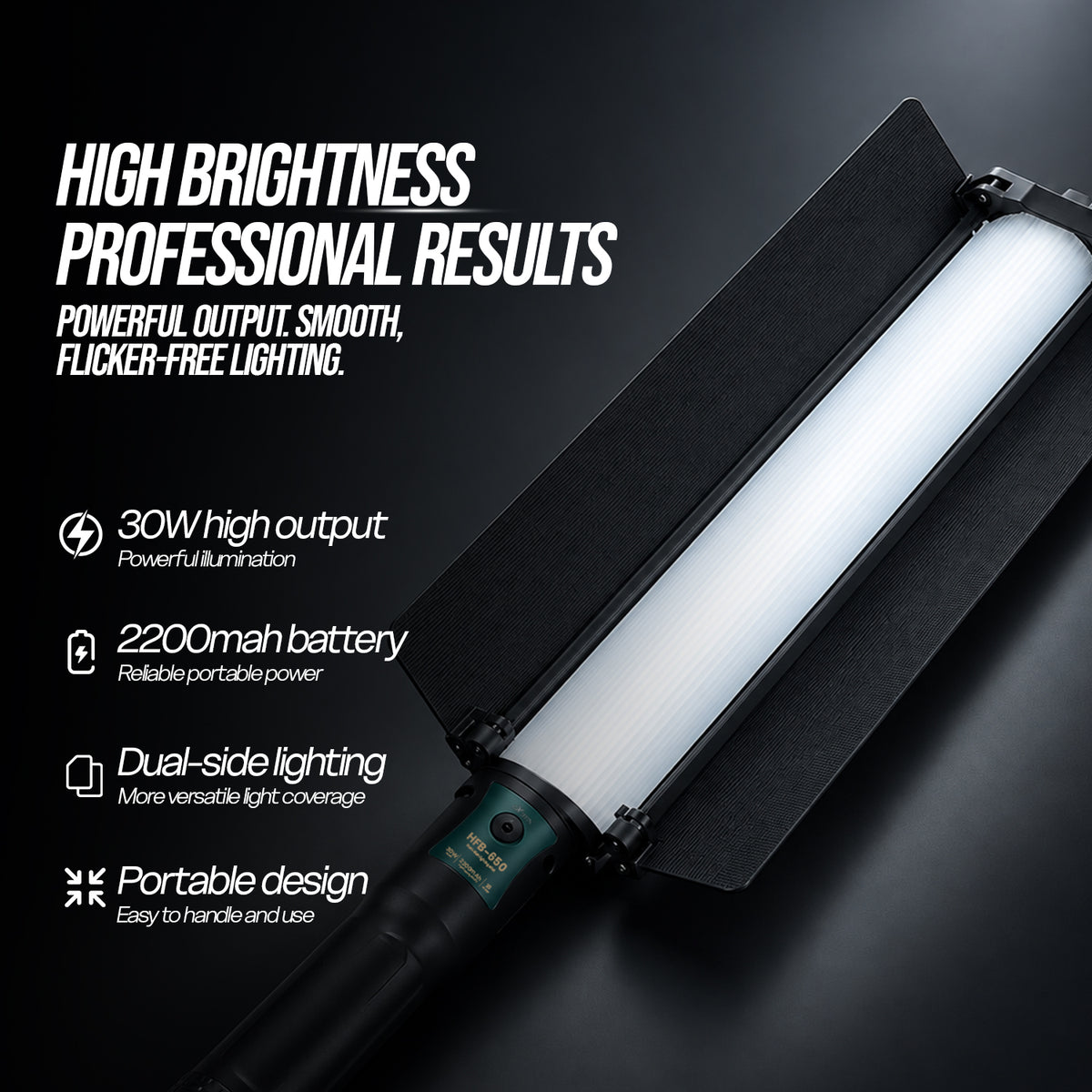 HFB-650 30W RGB Wand Light, 2700K-7500K, 3800 Lumens, 100% Dimming, 11 FX, App