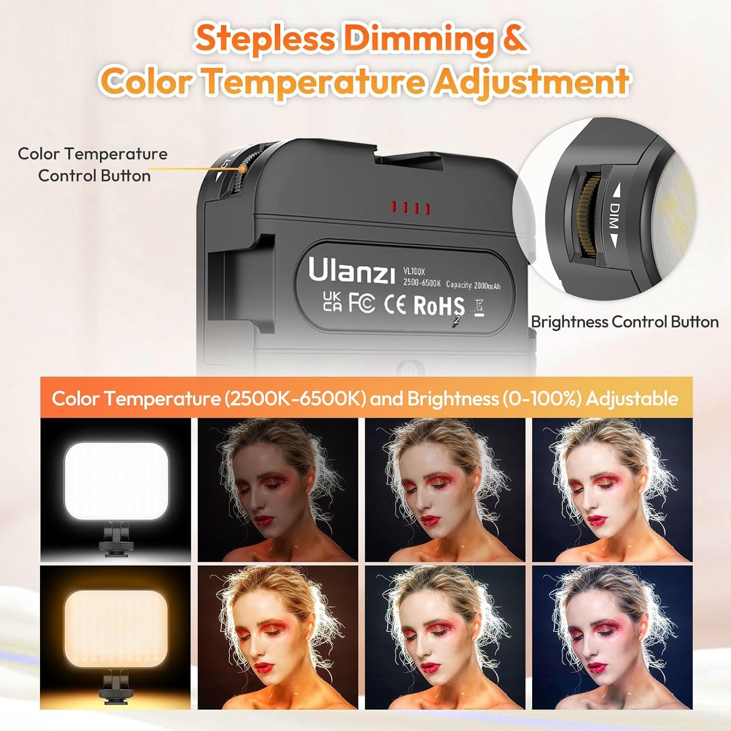 Ulanzi VL100X Selfie Clip LED Light, 2500-6500K Bi-Color, 2000mAh, Phone/Laptop Panel