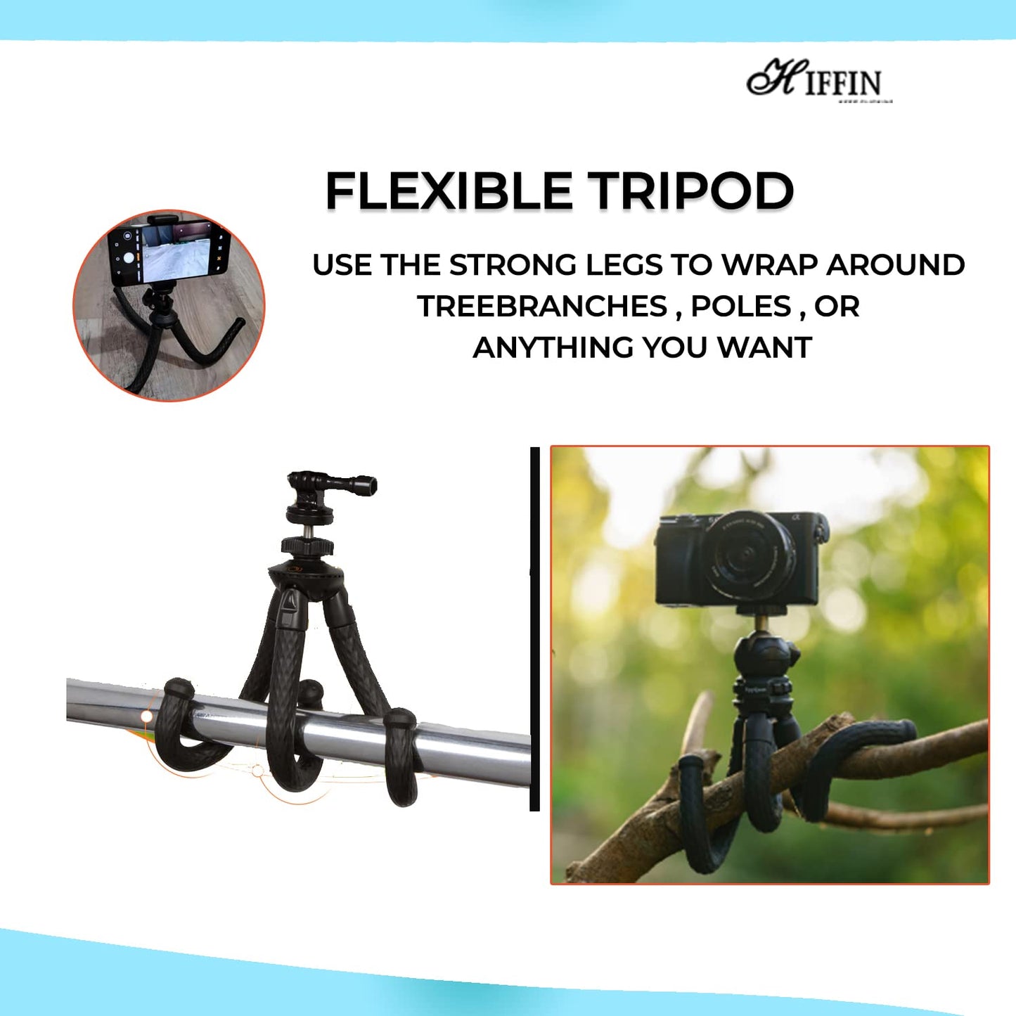 HIFFIN Flexible Gorillapod Tripod with 360° Rotating Ball Head Tripod for All DSLR Cameras(Max Load 2.5 kgs) & Mobile Phones + Free Heavy Duty Mobile Holder(Black) 304.8MM (12 Inch, Black)