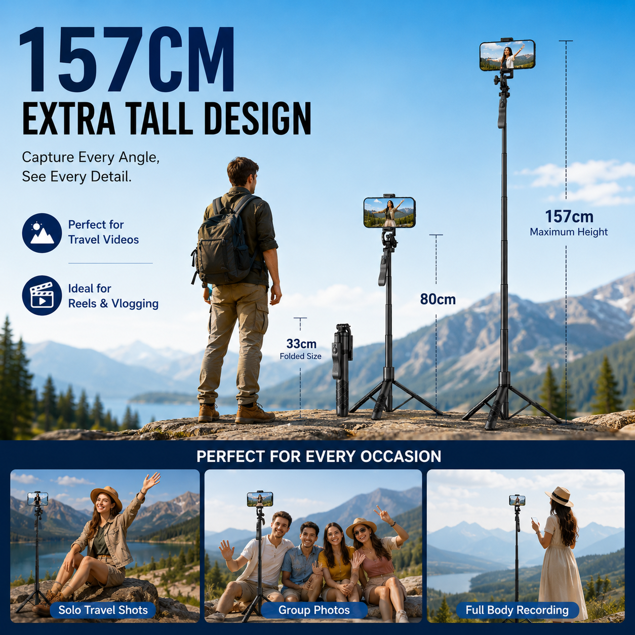 H16 Selfie Stick Tripod Bluetooth Remote 157cm 360° Android iPhone