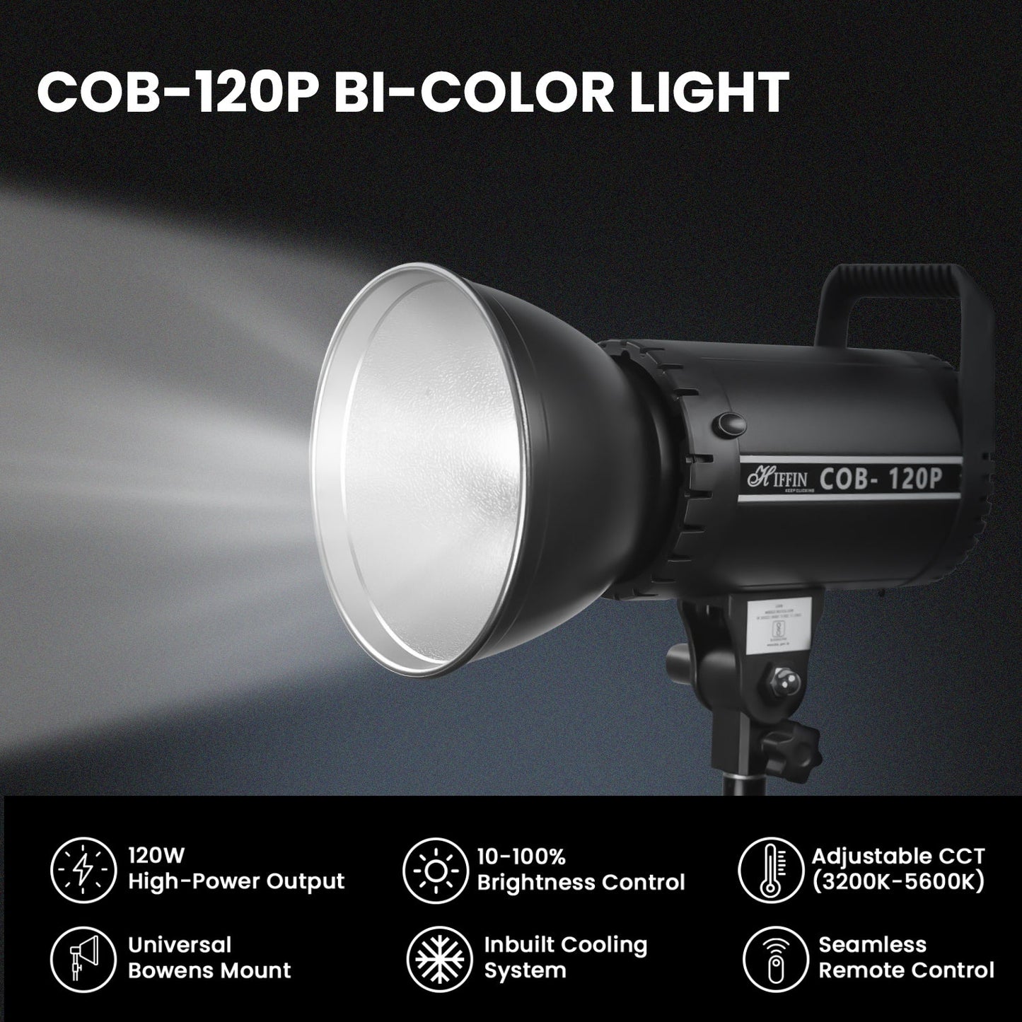 COB-120P Professional 120W Bi-Color Video Light for Studio Film Recording, 3200K-5600K Dimmable with Remote Control