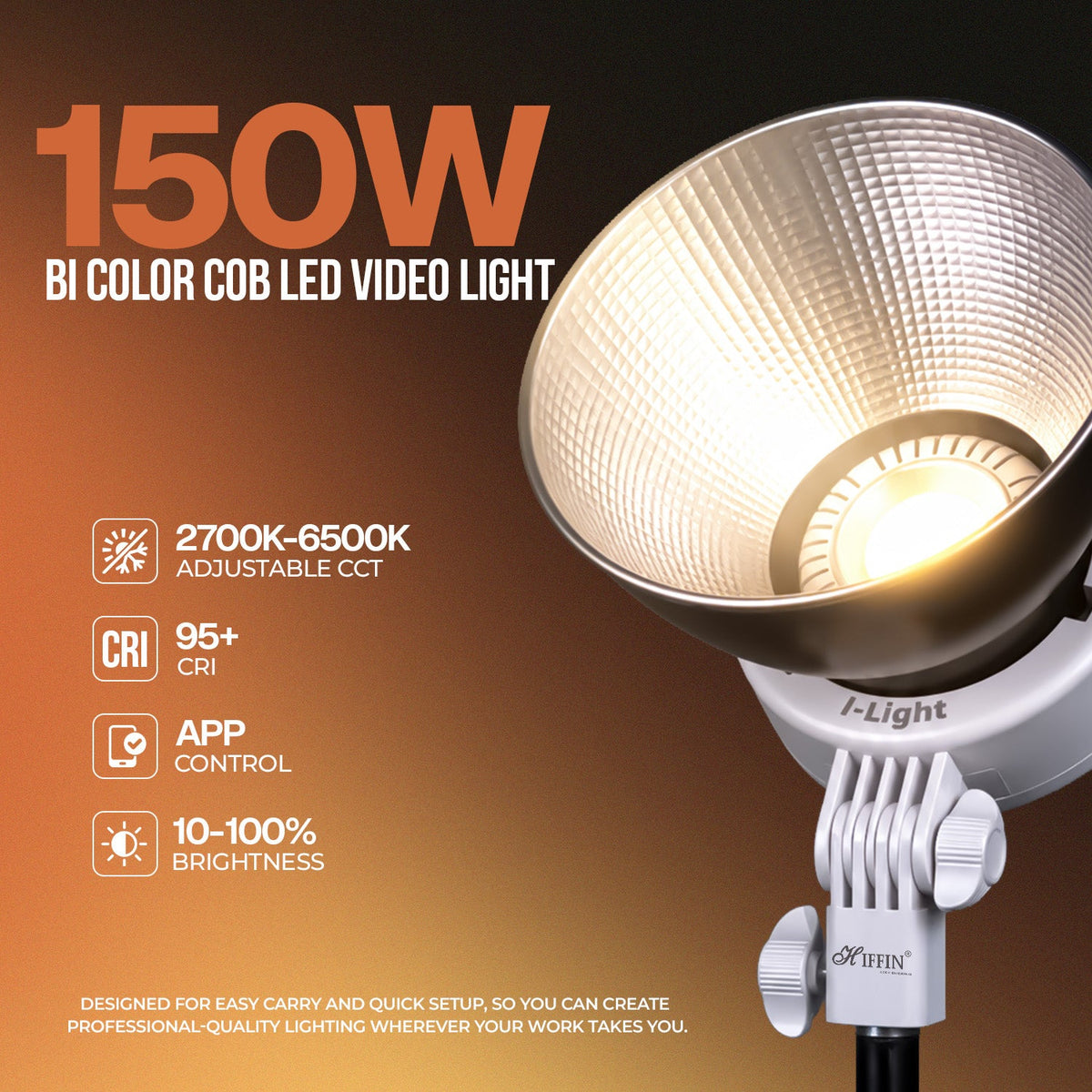 I Light 150W LED Studio Light, 2700K-6500K CCT, CRI 95+, App Control
