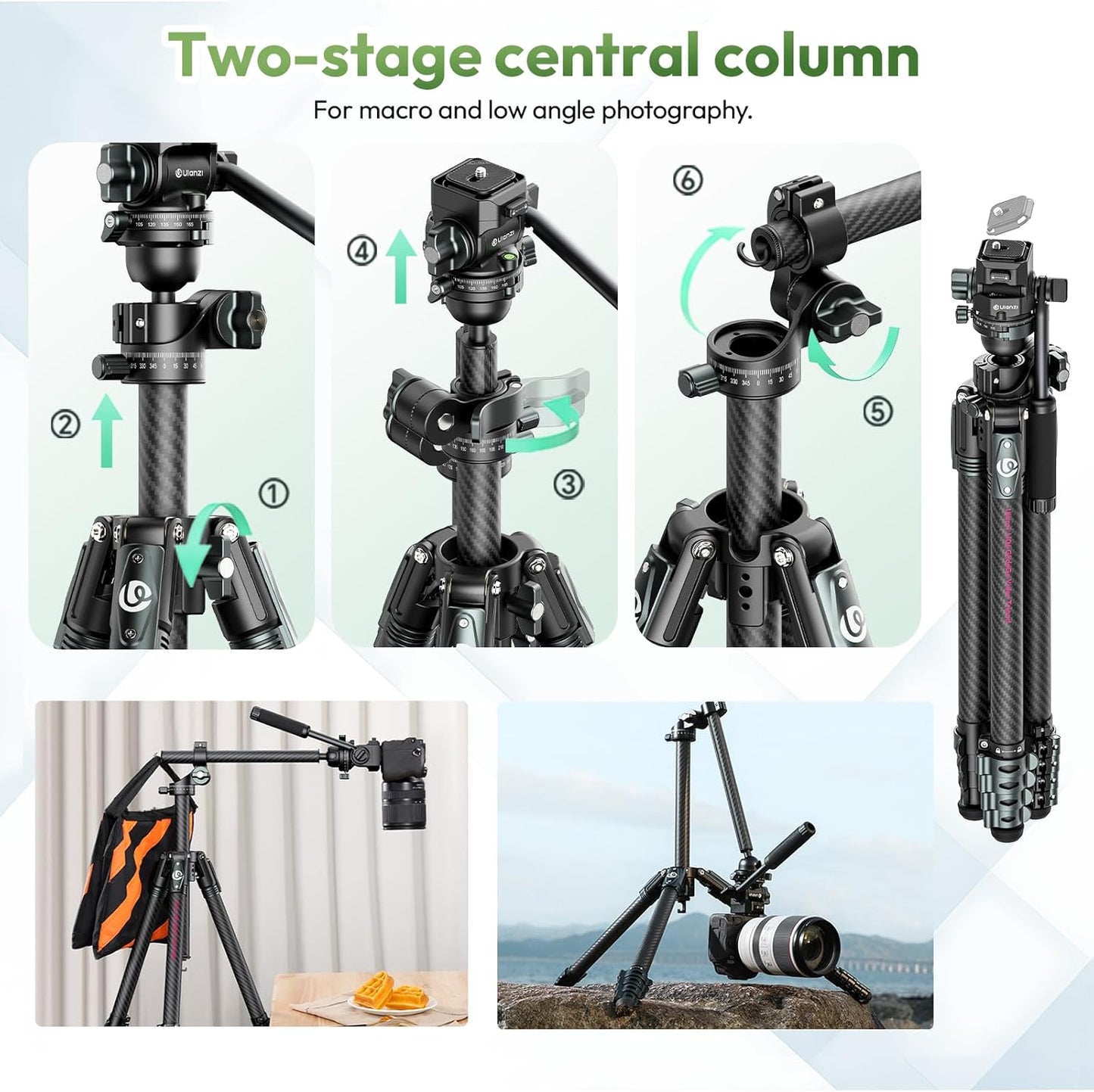 ULANZI JJ06 GlideGo Carbon Fiber Video Tripod, Dual 360° Pan Head, 73.6 inch Max Height, 11 lb Load