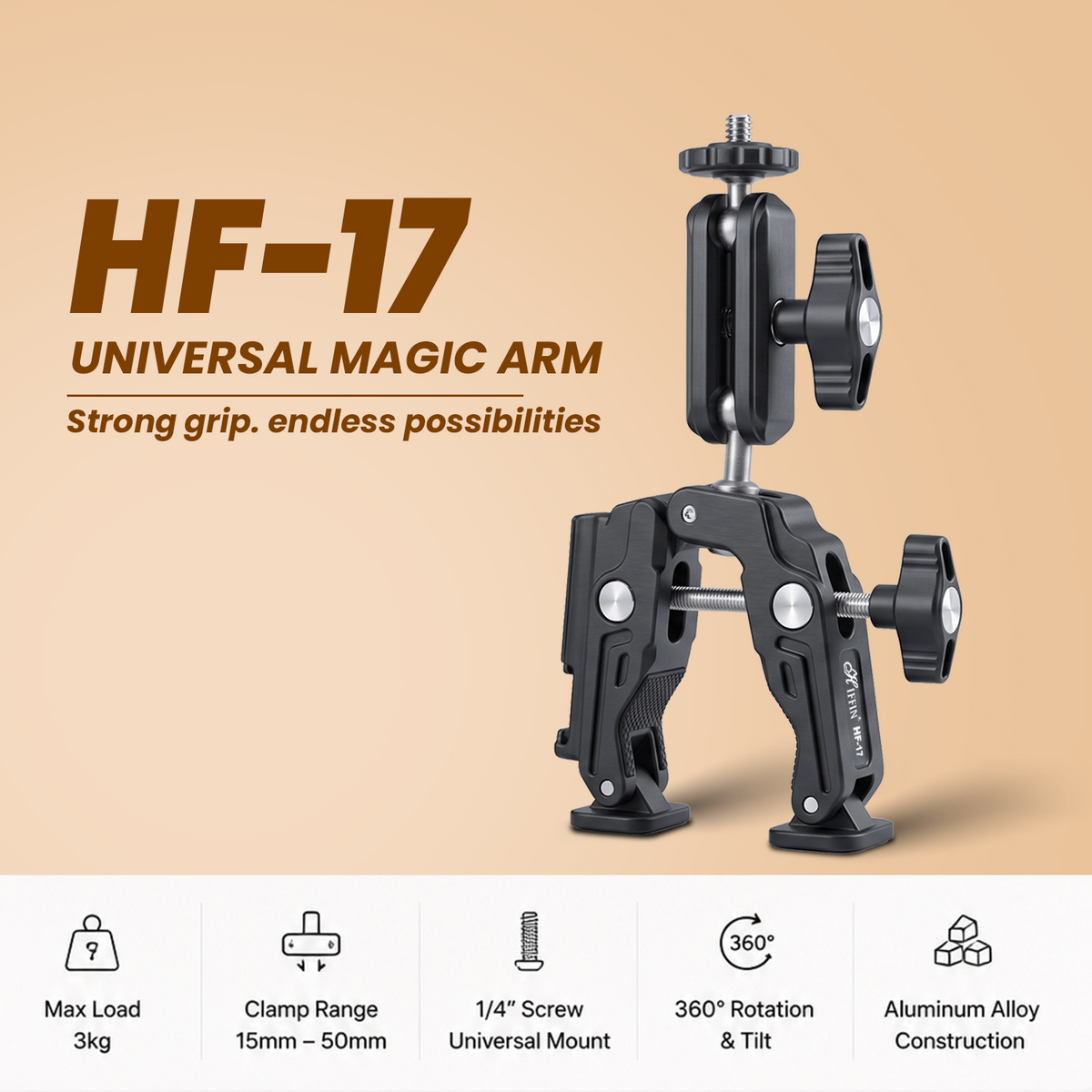 HF-17 Magic Arm & Super Clamp, 360° Ball Head, 1/4" & 3/8" Thread Mount