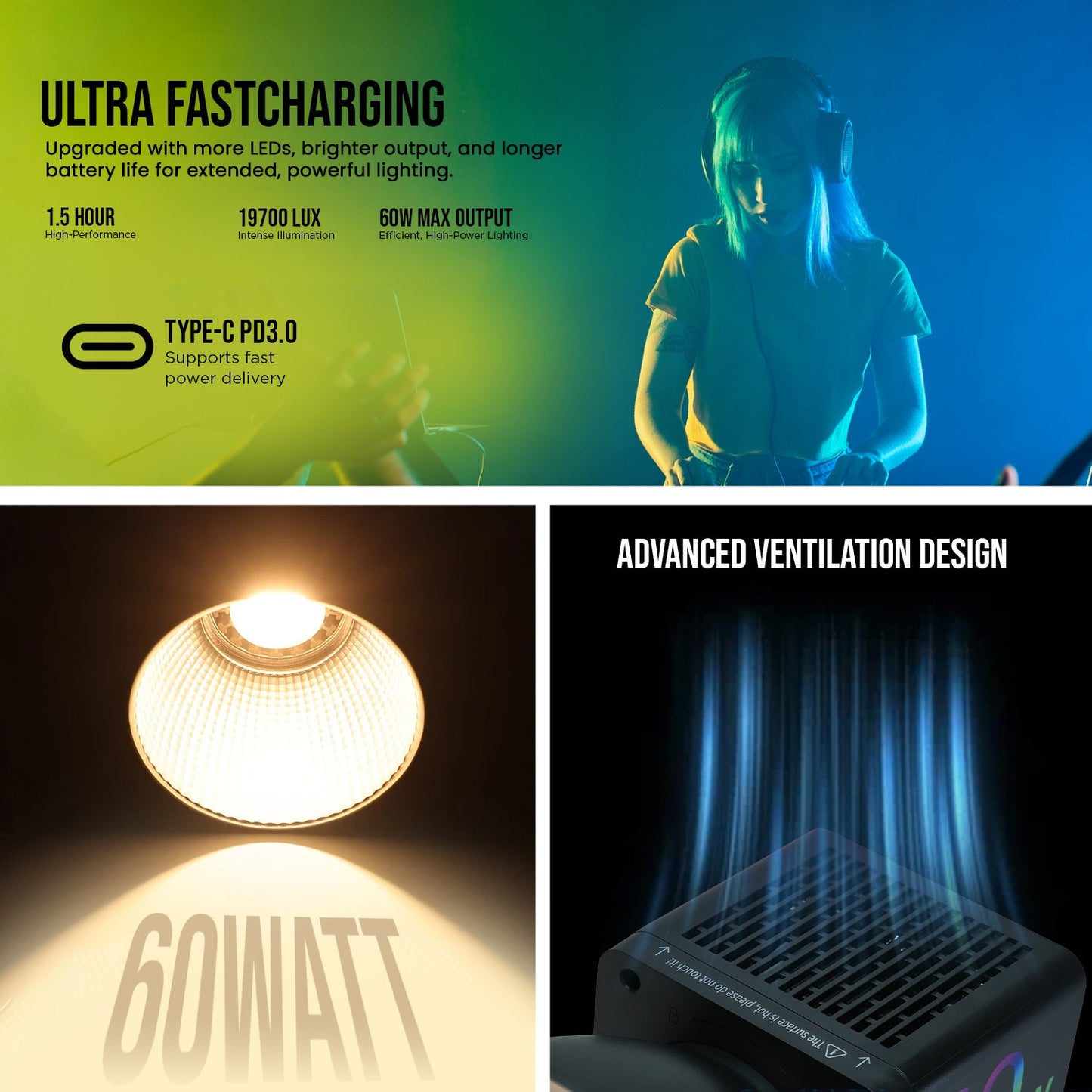 60 Watt RGB Portable Light |2500K-6500K | 26800mAh Battery | CRI 95+ | 24 Effects