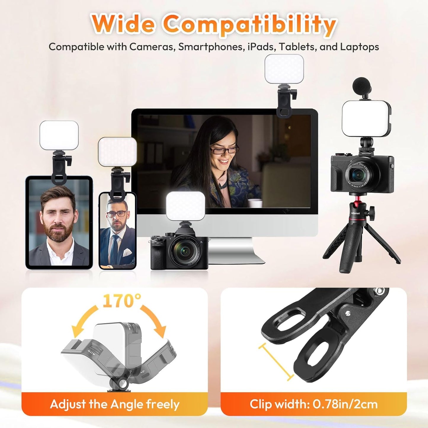 Ulanzi VL100X Selfie Clip LED Light, 2500-6500K Bi-Color, 2000mAh, Phone/Laptop Panel