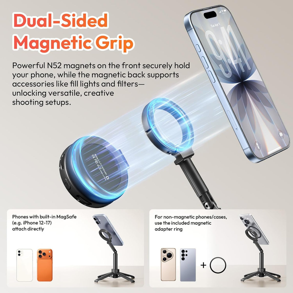 ULANZI MT71 Mini Magnetic Selfie Stick Tripod, Foldable & Lightweight, 180° Tilt, Compatible with iPhone 17-12