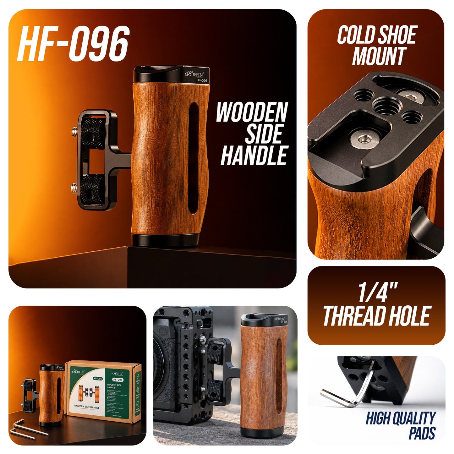 HF-096 Wooden Camera Cage Handle Grip with Cold Shoe & 1/4"-20 Mount