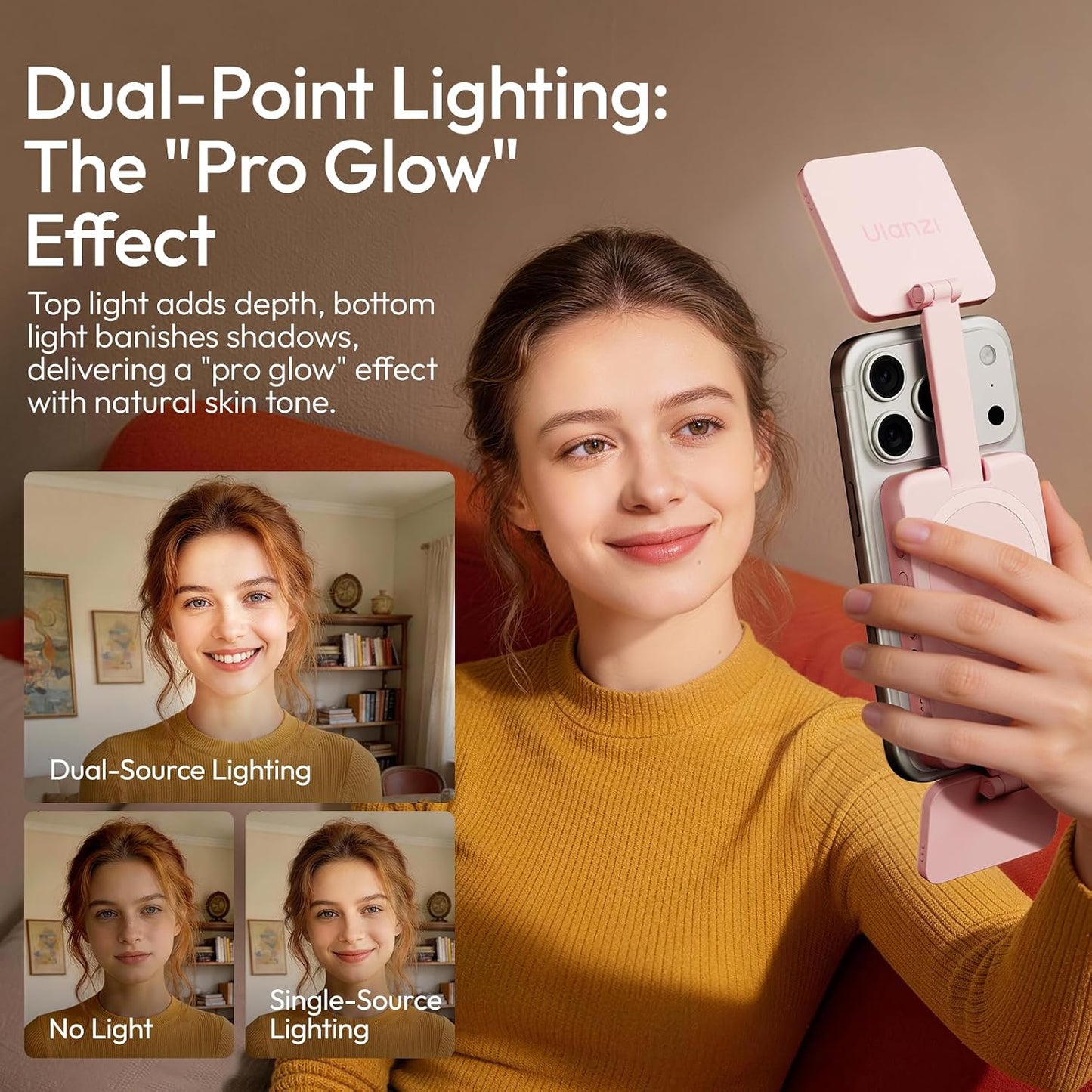 Ulanzi GL01 Magnetic Selfie Light Dual LED 2700-6500K Type-C Rechargeable MagSafe iPhone Pink/Black