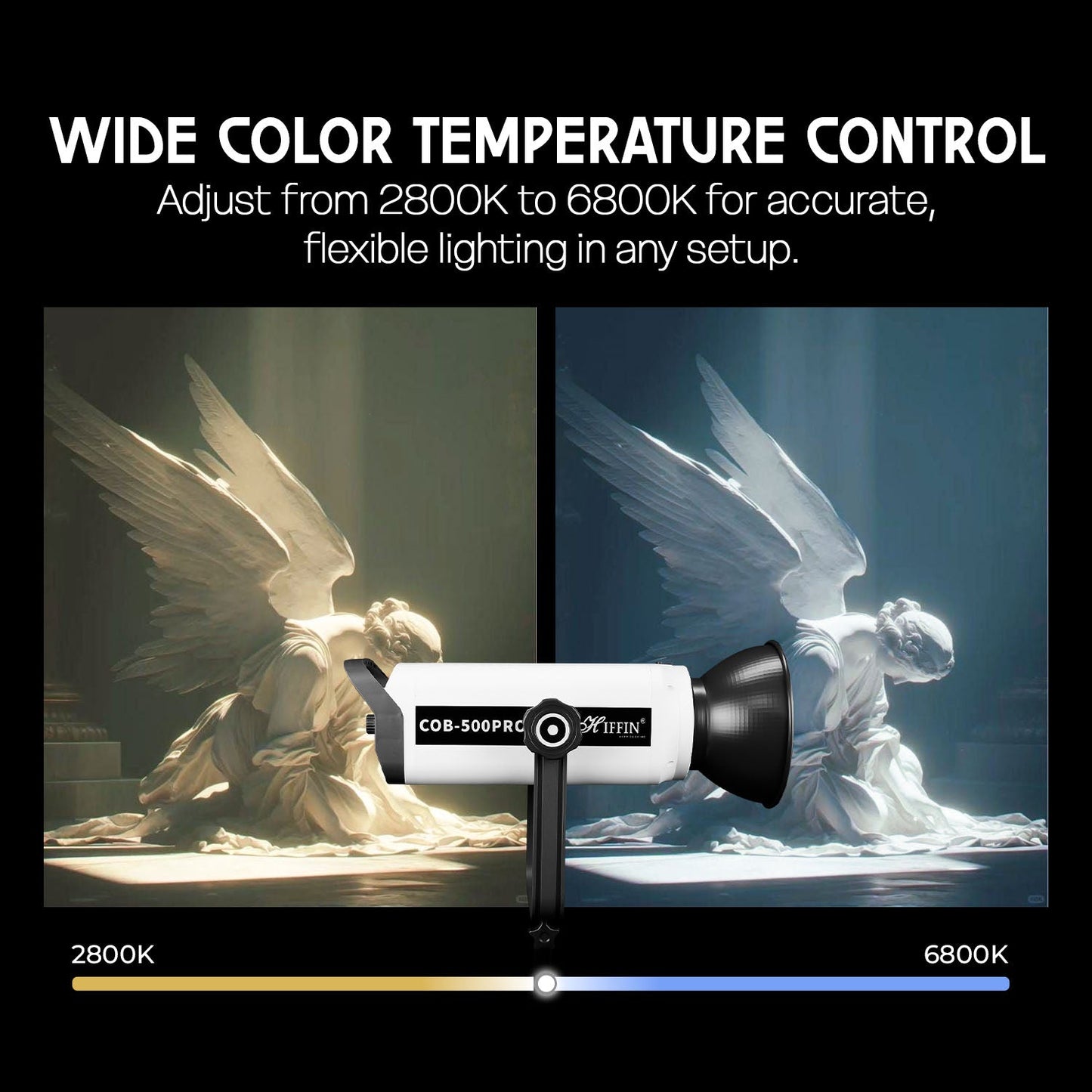 COB-500P Pro Bi-Color LED Video Light 51,800Lux Brightness 2800–6800K CCT Silent Cooling Bowens Mount