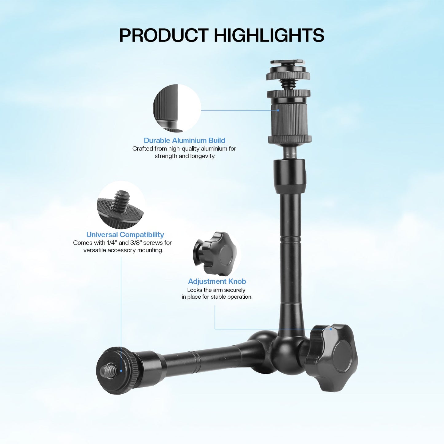 HIFFIN® Magic arm11 Inch Adjustable Friction Articulating Magic 1/4-inch Hot Shoe Connector Arm for LCD Monitor LED Camera