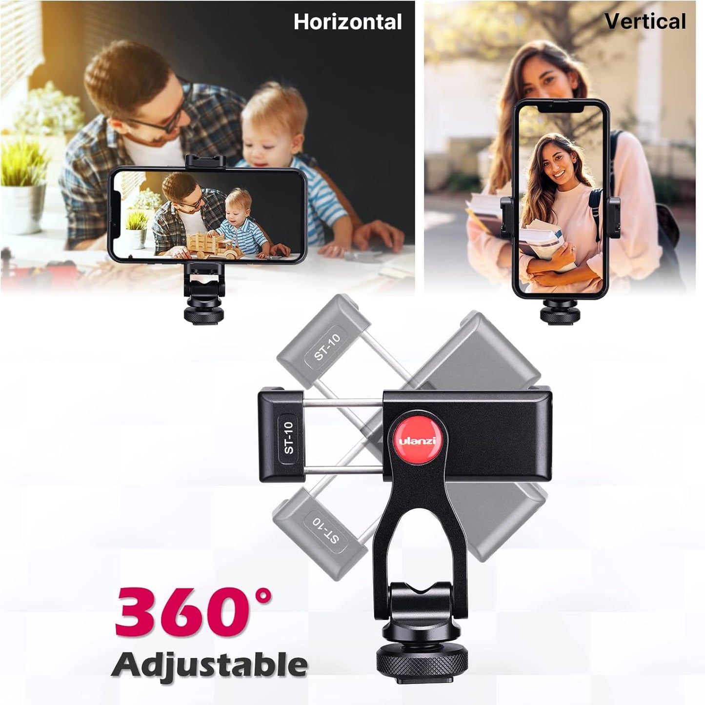 ULANZI ST-10 Metal Phone Tripod Mount, 360° Universal Clamp, 2 Cold Shoes