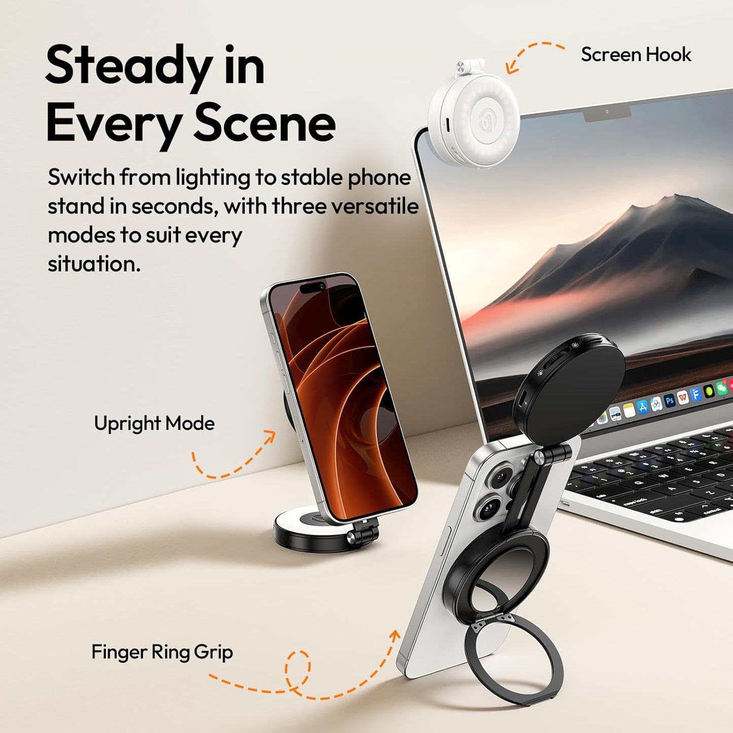 ULANZI LM23 Magnetic 360° Selfie Ring Light w/Mirror for iPhone MagSafe Black