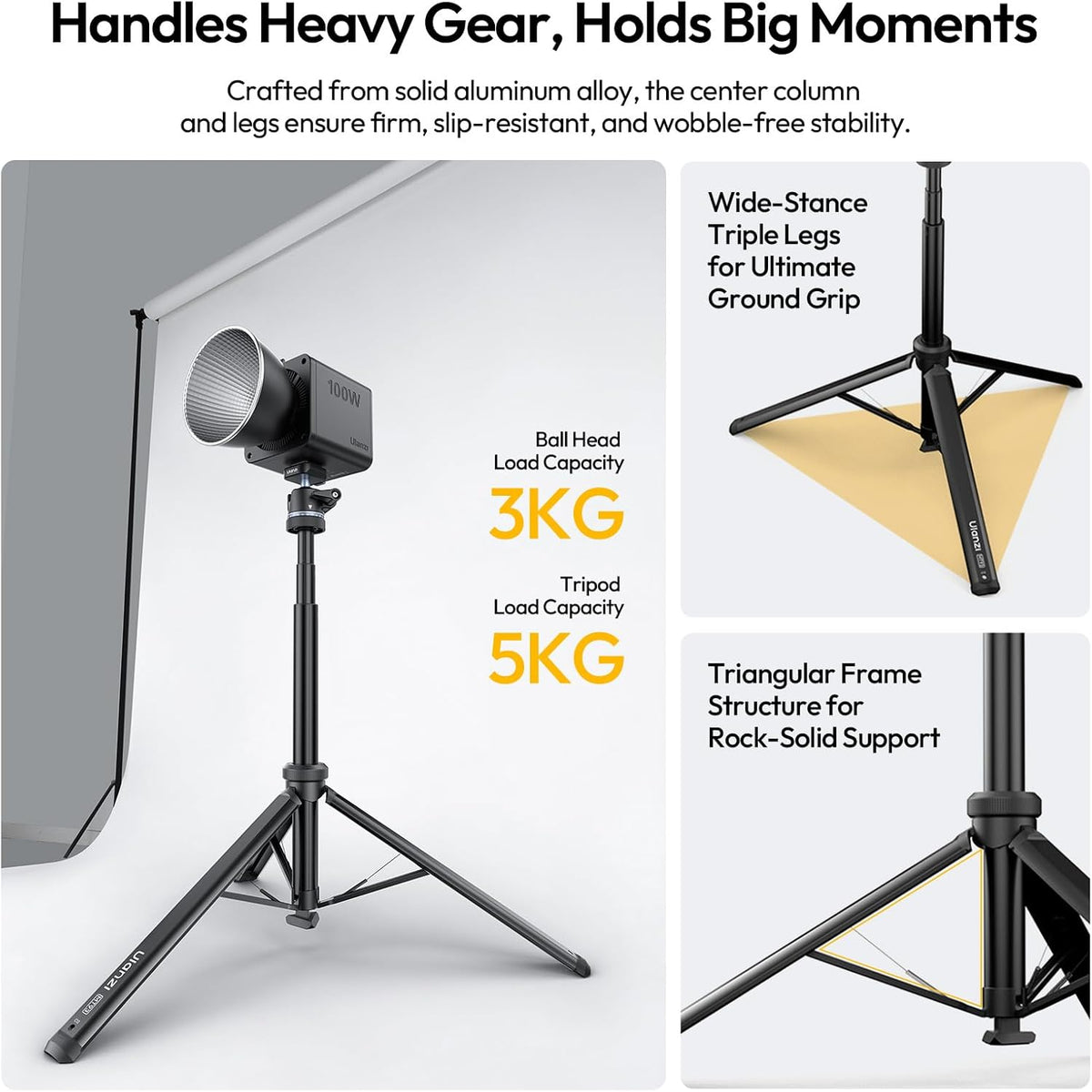 ULANZI MT93 1/4" Light Stand Tripod, 63" Adjustable, Auto-Open, UKA Quick-Release Ball Head