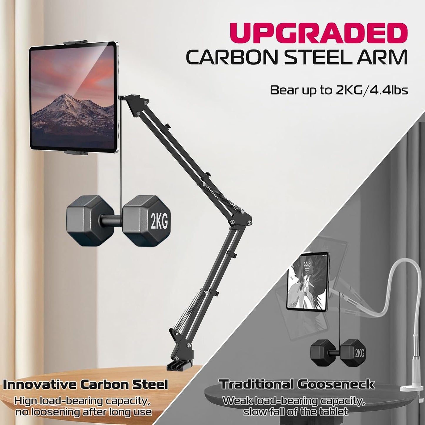 ULANZI T2 Adjustable Tablet Holder, Carbon Steel Desk Clamp for 4.6–12.9" Devices