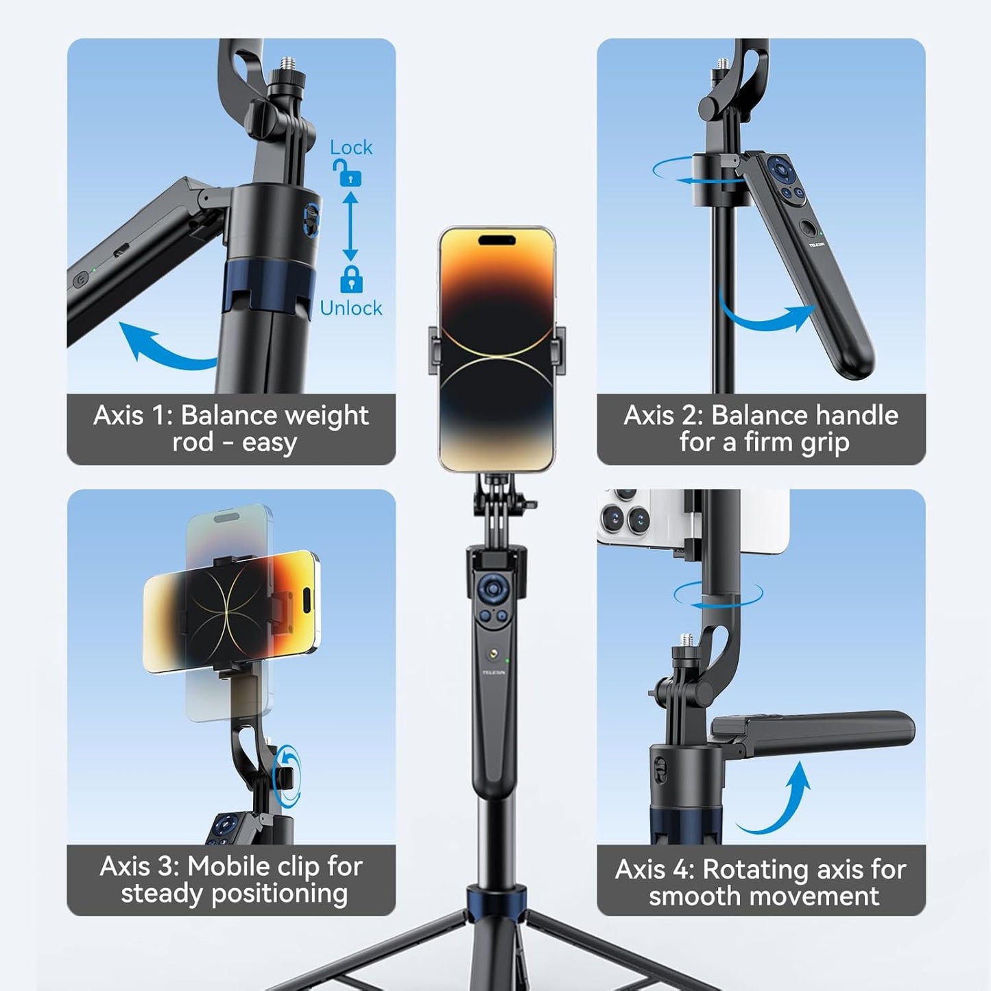 TELESIN 63" Smart Auto-Face Tracking Tripod, 360° Rotation, Remote & Gesture Control
