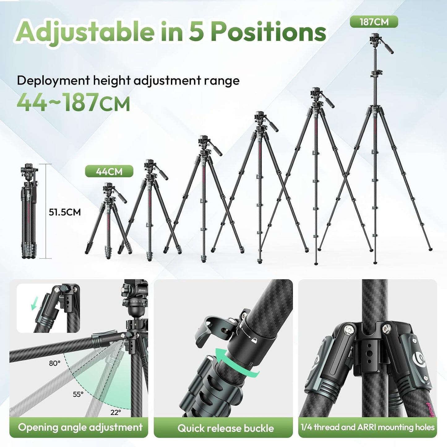ULANZI JJ06 GlideGo Carbon Fiber Video Tripod, Dual 360° Pan Head, 73.6 inch Max Height, 11 lb Load