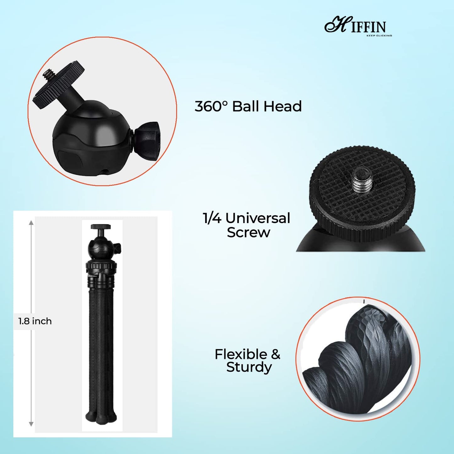 HIFFIN Flexible Gorillapod Tripod with 360° Rotating Ball Head Tripod for All DSLR Cameras(Max Load 2.5 kgs) & Mobile Phones + Free Heavy Duty Mobile Holder(Black) 304.8MM (12 Inch, Black)