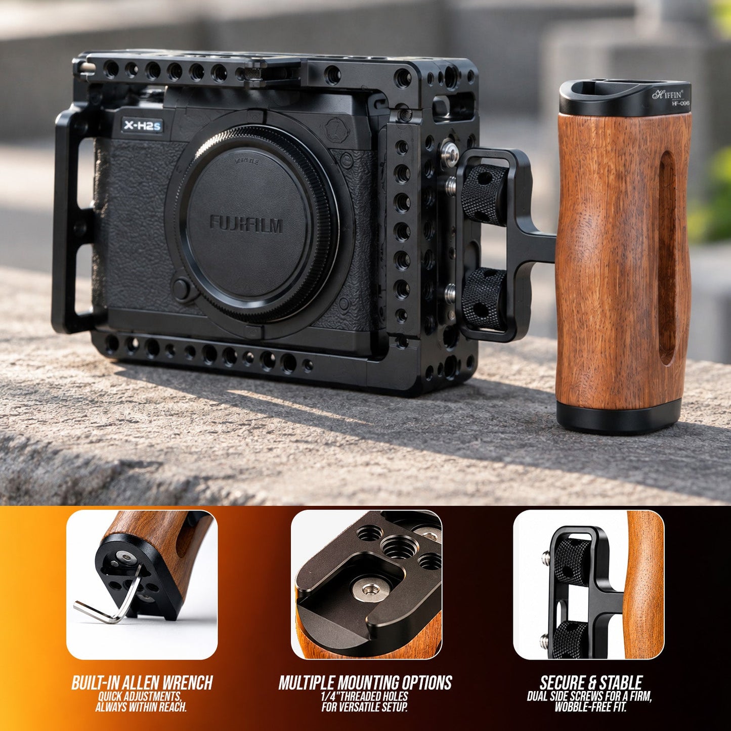 HF-096 Wooden Camera Cage Handle Grip with Cold Shoe & 1/4"-20 Mount