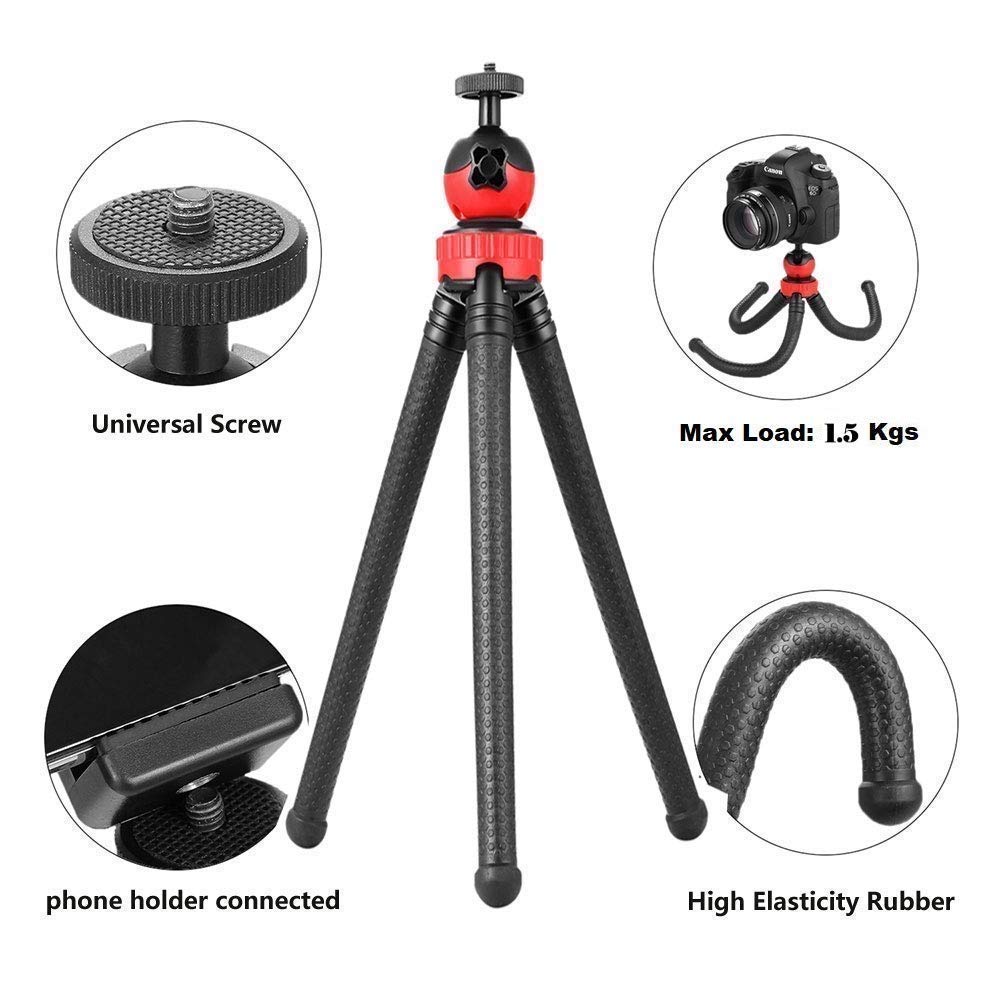 HIFFIN® 360 ° Rotatable Ball Head Flexible Gorillapod Tripod with Free Tripod Mount & Mobile Attachment for DSLR, Action Cameras & Smartphon - Black (Flexible Tripod 12 + 3 inches with Holder N)