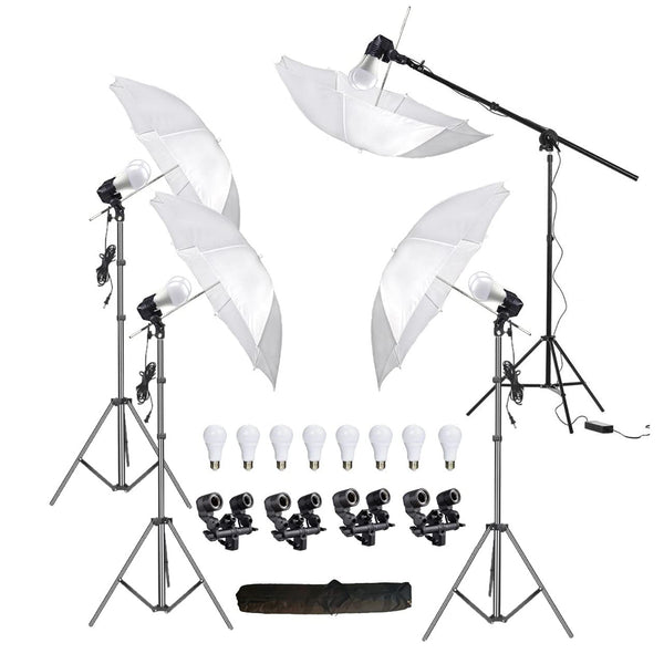 HIFFIN E27 4 Point Studio Double Holder Kit Umbrella White + Studio Light Stand 9 FT Bulb Holder KIT Mark IIII | 4 Double Holder | 4 Light Stand 9ft | 4 Umbrella | 8 20 W LED Bulb | 1 Boom