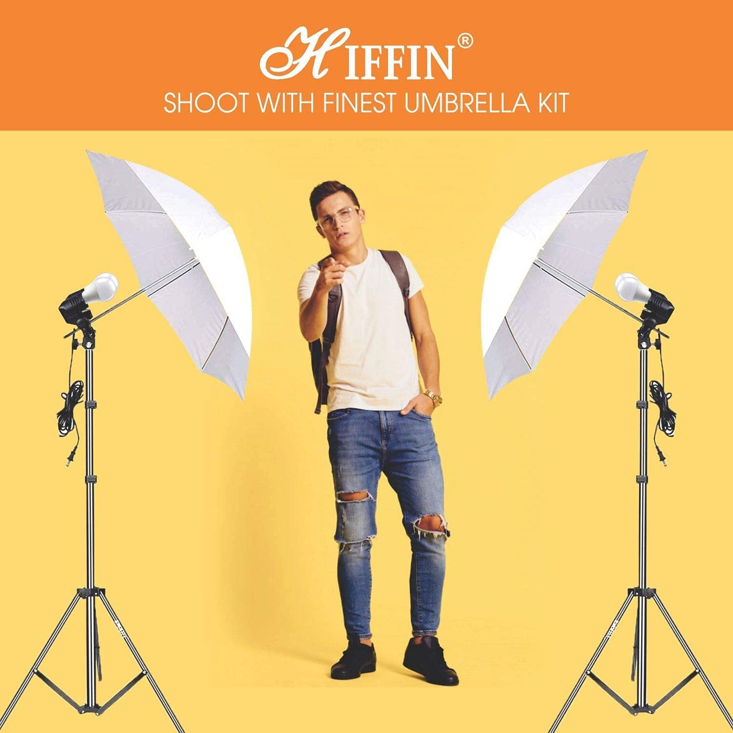 HIFFIN E27 3 Point Studio Triple Holder Kit Umbrella White + Studio Light Stand 2.7432M (9 FT) Bulb Holder KIT Mark III | 3 Triple Holder | 3 Light Stand 9ft | 3 Umbrella | 9 20 W LED Bulb | 1 Boom | 1 Bag