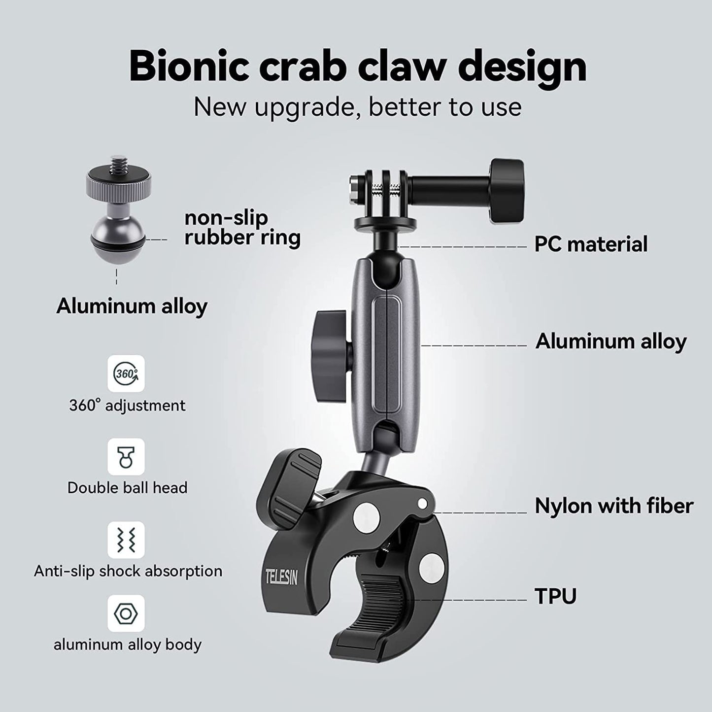 TELESIN Camera Clamp Handlebar Bike Mount 360° Double Ballhead Magic Arm with 1/4"-20 Thread for Motorcycle Monitor Canon Nikon DSLR/Gopro/LED Lights/Ronin-M/Ronin MX/Freefly