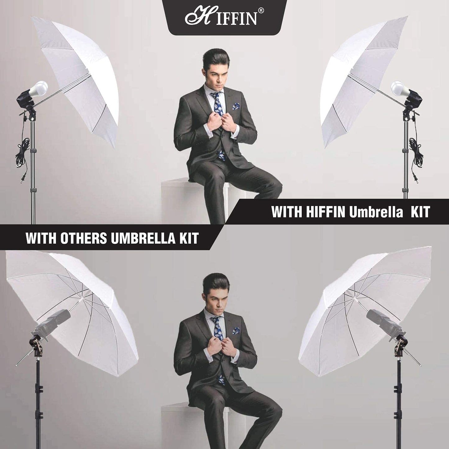 HIFFIN® E27 Studio Triple Holder KIT Mark II Umbrella White + Studio Light Stand 9 FT+ Umbrella and Bulb Holder Kit (2 Triple Holder,2 Light Stand 9FT,2 Umbrella, 6 20 W LED Bulb)