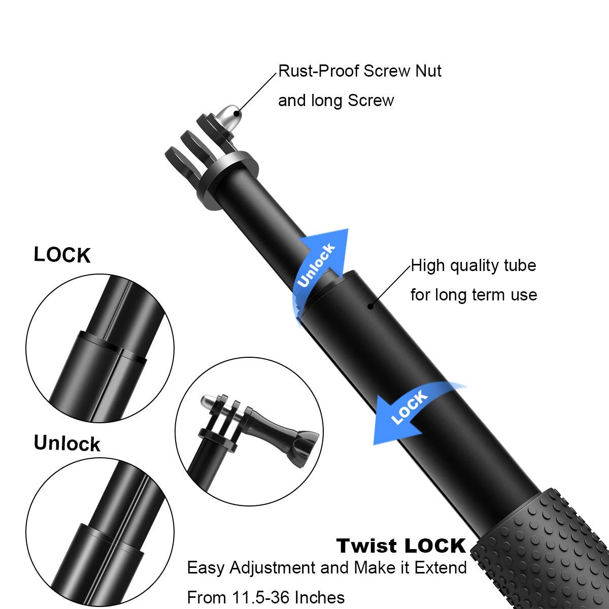 HIFFIN (19 Inches/48.26 CM) Extendable Hand Grip Waterproof Monopod Selfie Stick for Action Cameras Compatible with GoPro Hero 9/8/7/6/5, SJCAM, Eken, Yi (Size: