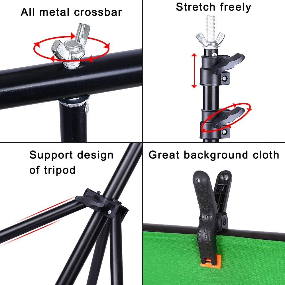 HIFFIN® Green Screen Backdrop 6x10 ft with Stand - 1 Packs 6x9 FT Photography Backdrop with 1PC 6.5 FT T-Shape Backdrop Stands, 4PCs Spring Clamps, 1PCs Carry Bag
