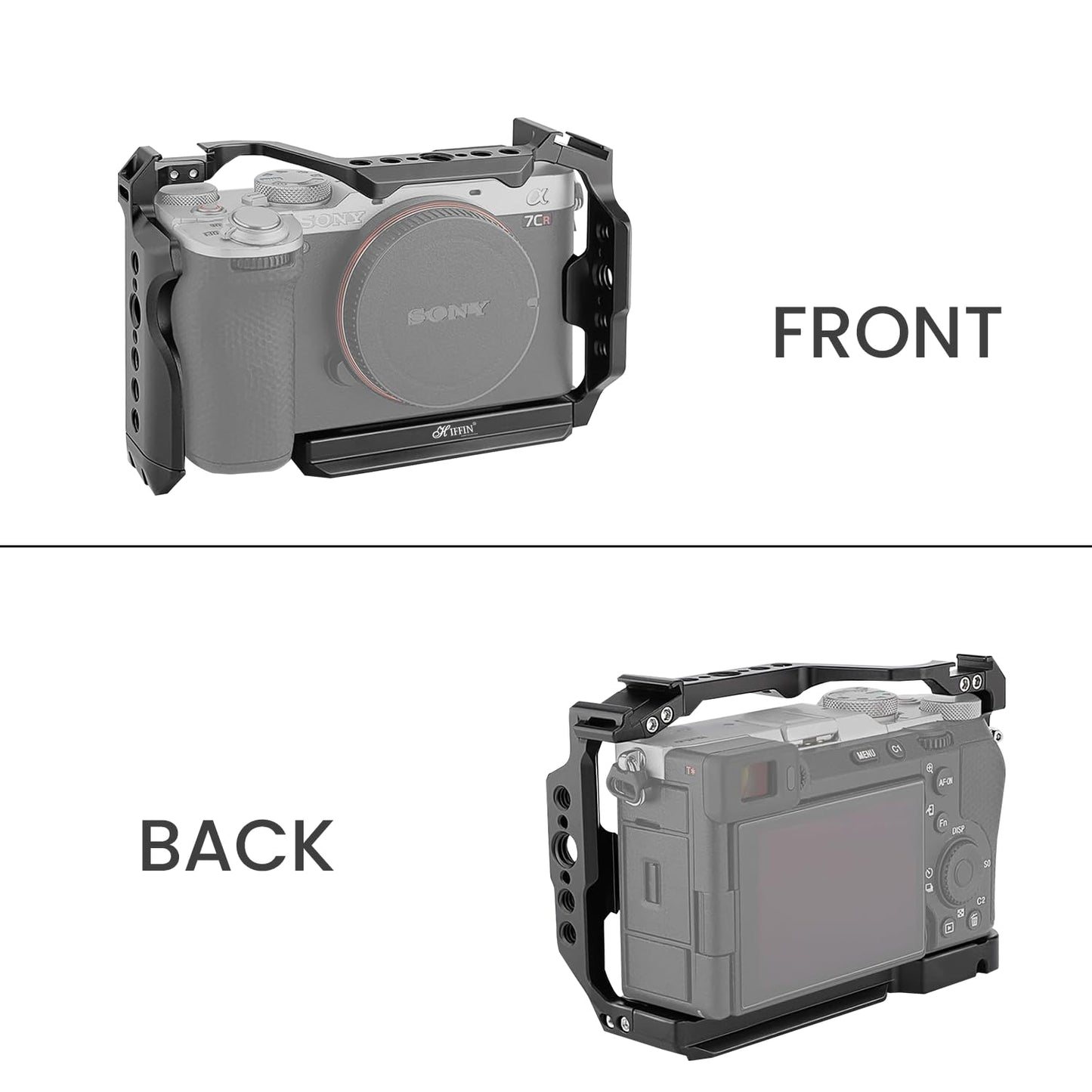 HIFFIN Metal Cage Compatible with Sony Alpha A7CII/ A7CR Cameras, Quick Release Arca-Type Base, 1/4" & 3/8" Screws, Cold Shoe Mounts for Microphone, Monitor, and Fill Light Expansion