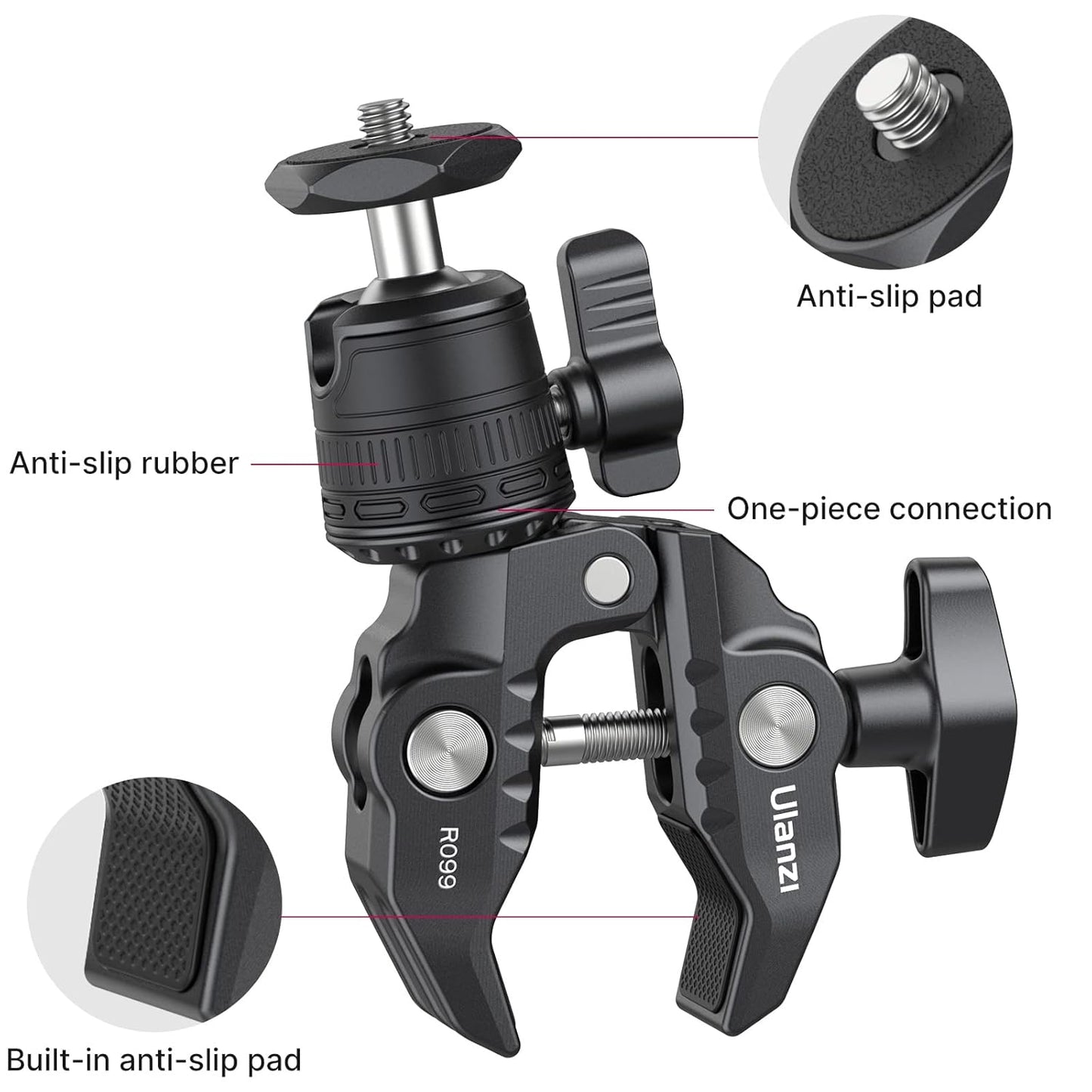 ULANZI R099 Super Clamp Camera Mount with 360° Ballhead for Bike/Bicycle/Motorcycle Handlebar Pole Tripod Tube Crossbar Gimbal Rods Mount