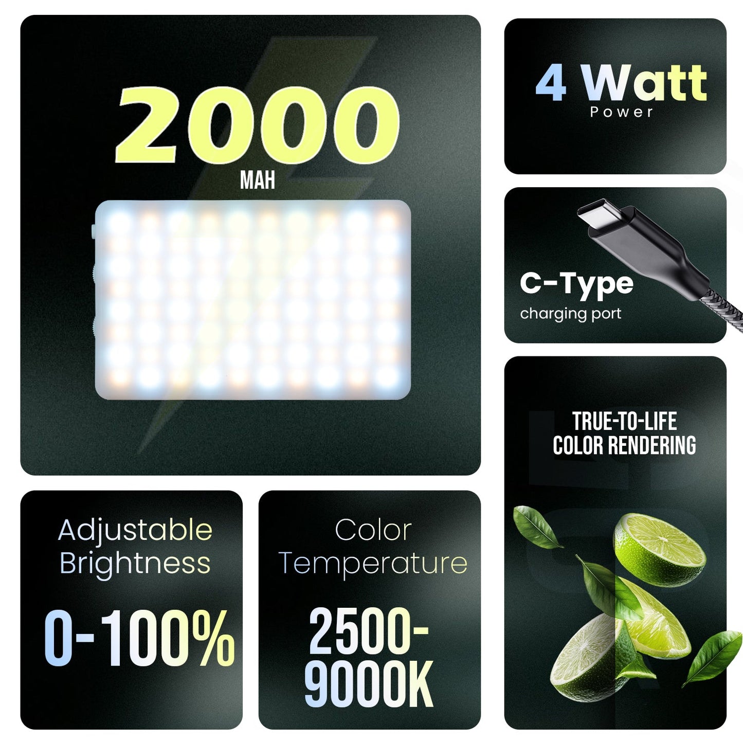 LT-001,Selfie Light, 3 Modes, 2000mAh Battery, Rechargeable