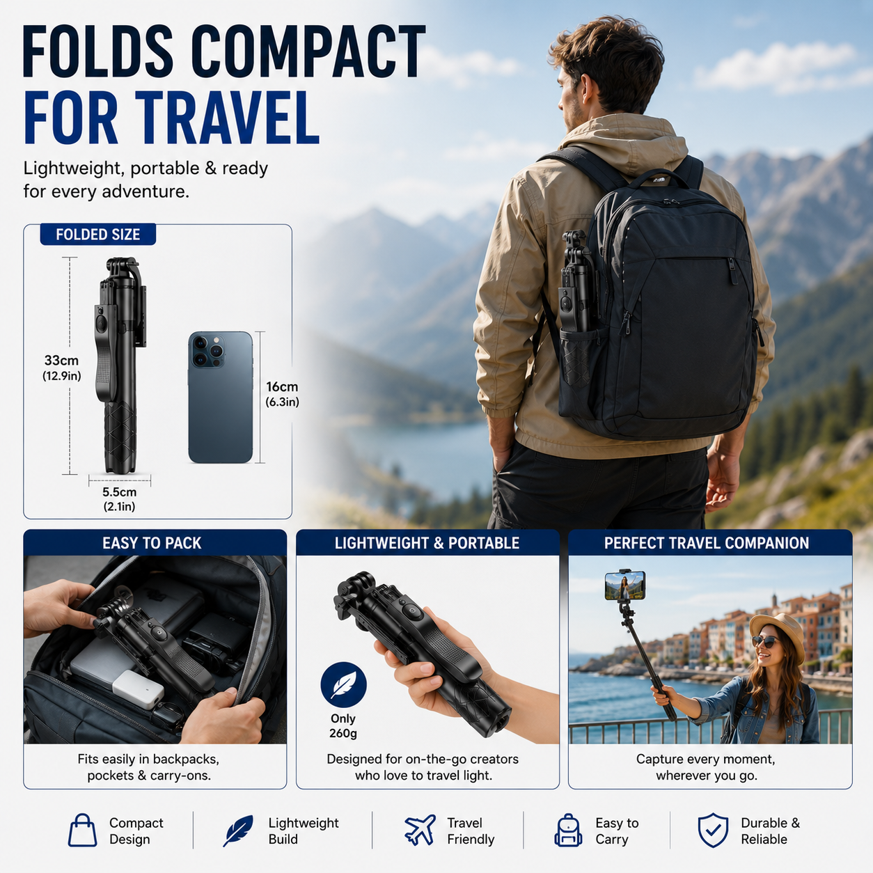 H16 Selfie Stick Tripod Bluetooth Remote 157cm 360° Android iPhone